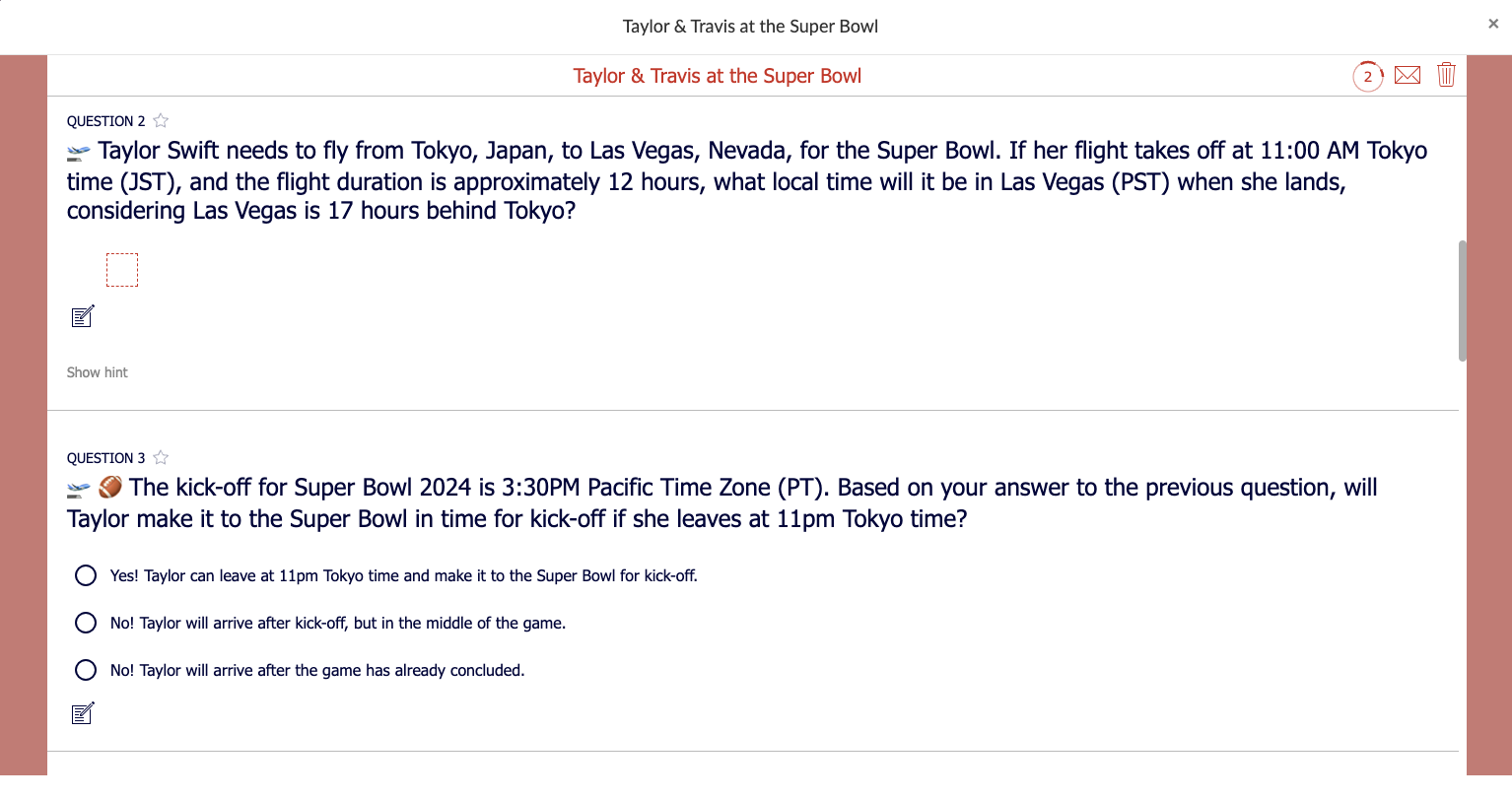 Worksheet widget with math problems featuring Taylor Swift and Super Bowl