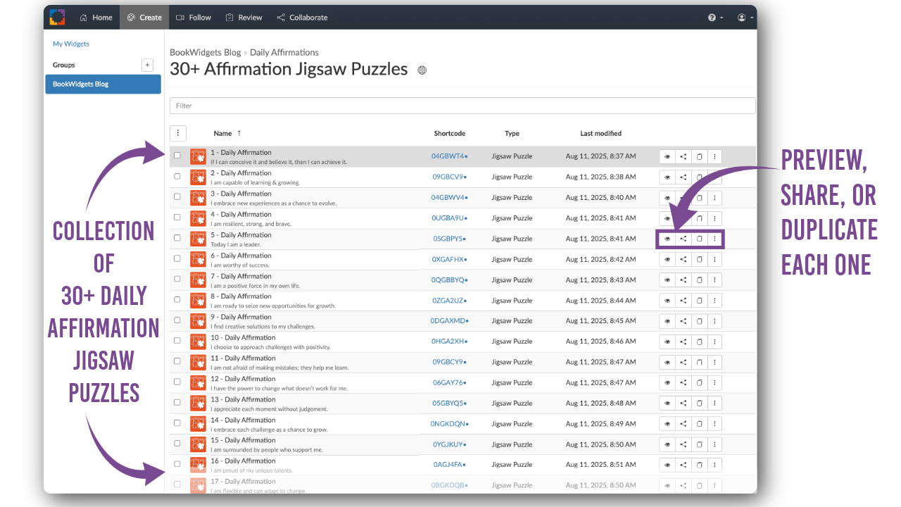 BookWidgets group folder containing daily affirmation puzzles and other SEL activities for teachers