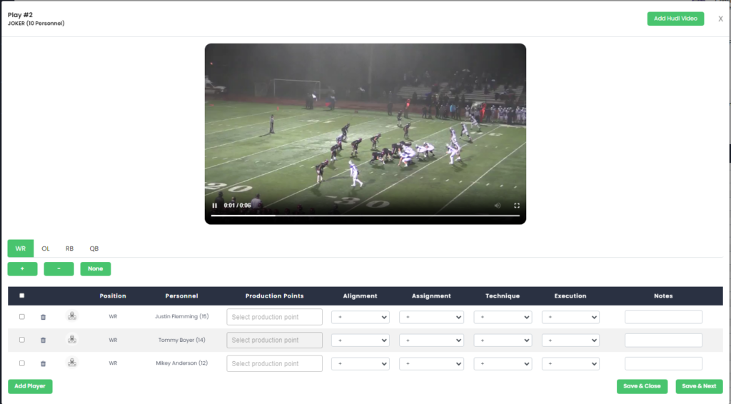 Film integration in CoachTools football player grading software. 